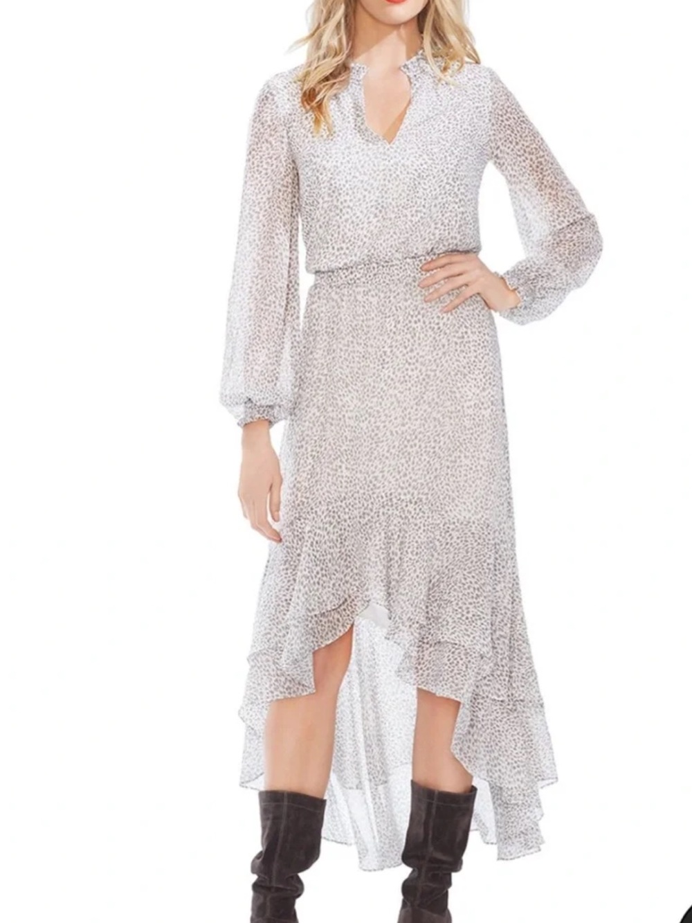 1 State Dress Long Sleeve Maxi Dress V-Neck High Low Ruffle Large Animal Print